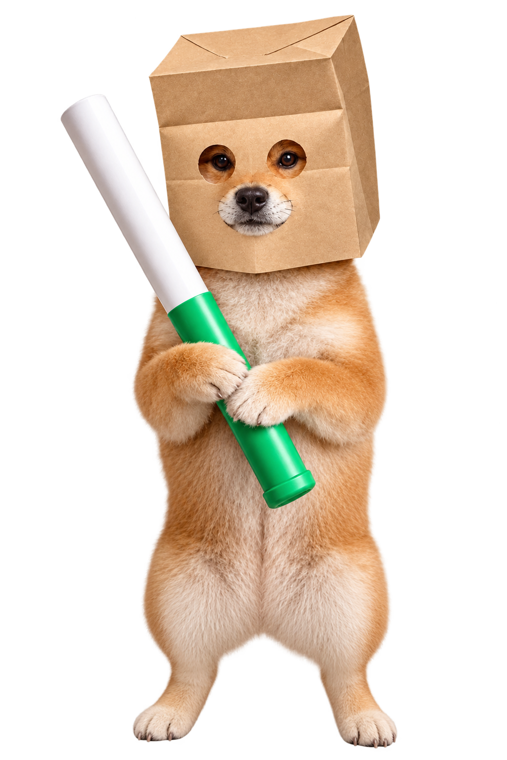 A shiba dog in a folded paper-bag mask holding a green baton